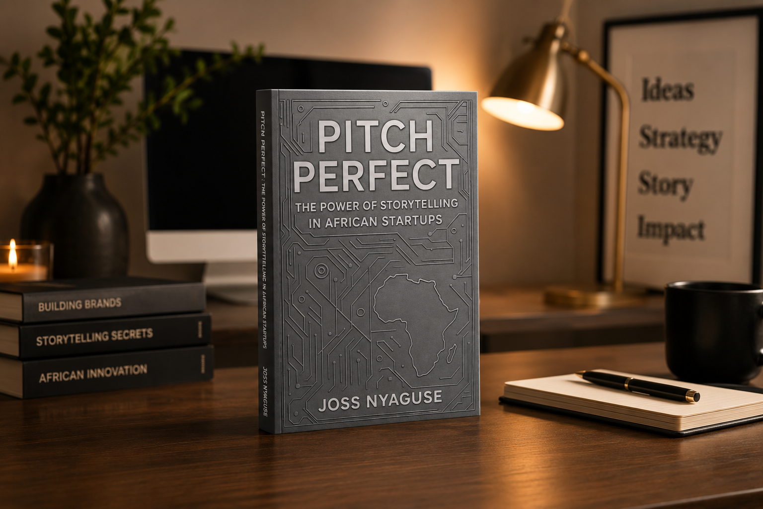 Pitch Perfect displayed on a founder's desk beside notebooks and a lamp