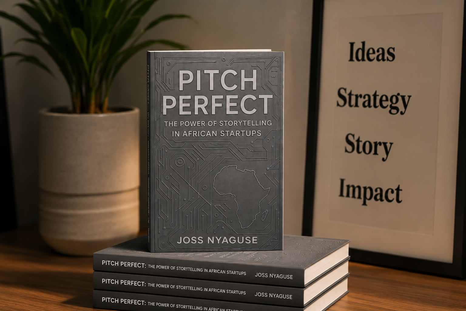 Pitch Perfect stacked on a shelf next to Ideas, Strategy, Story, Impact print